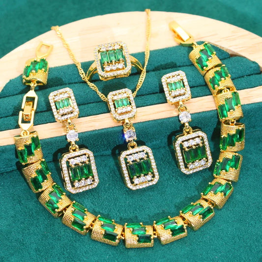 New Arrival Green Zircon Wedding Jewelry Set for Women Gold Color Bracelet Earrings Ring for Party Halloween Perfect Gift