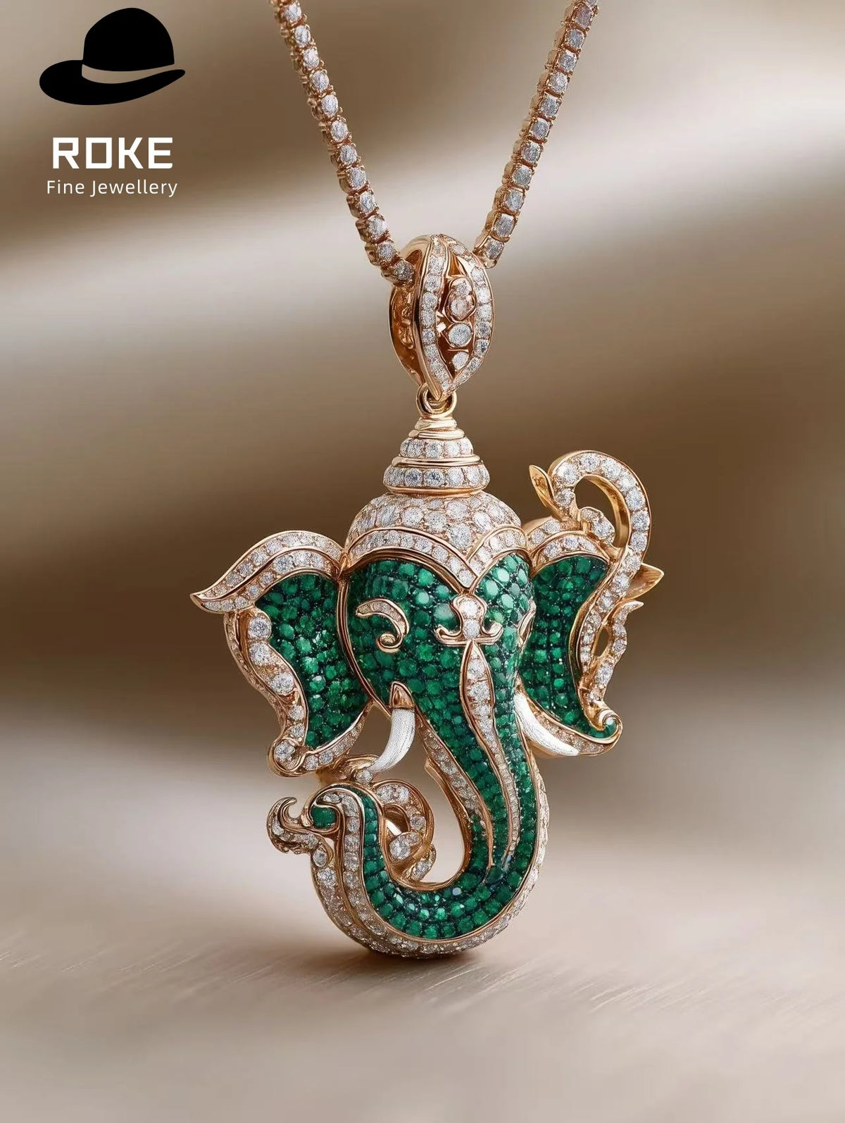 Luxury Ganesha Pendant 9K-18K Gold W/ Tsavorite & Lab Diamonds - IGI Certified Cultural Jewelry