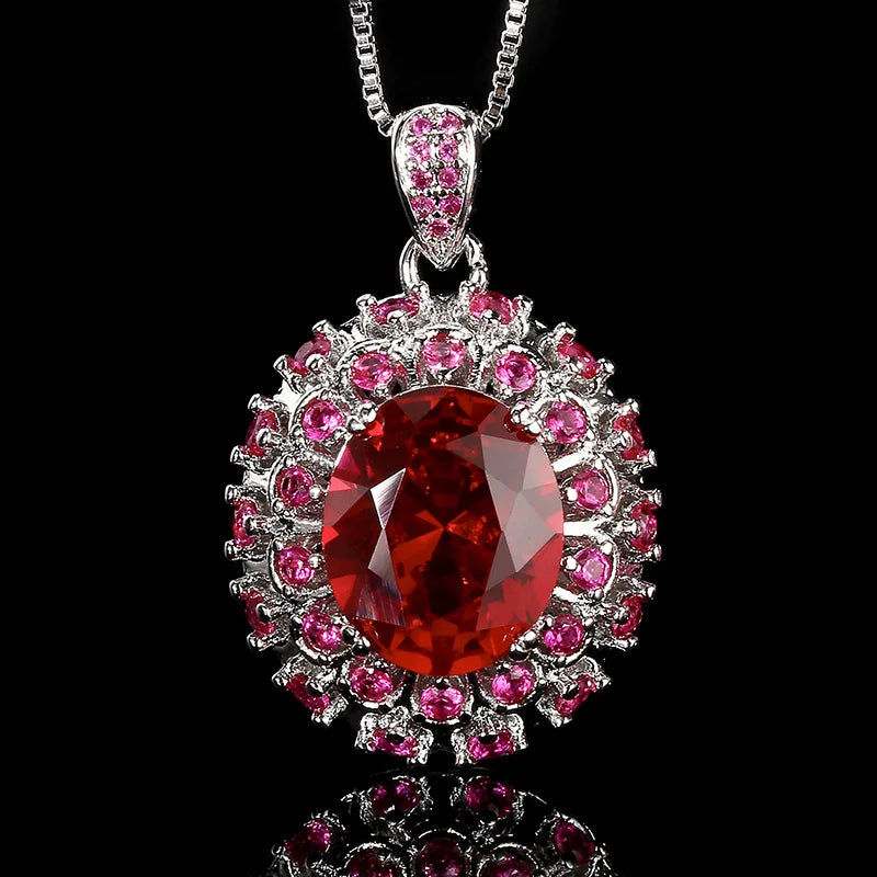 REDheart Red Corundum Pointed Pigeon Egg Fashion Pendant Necklace Set Brass Zircon Flake Blue Zircon Opening Ring Wedding 18K Gold Plated