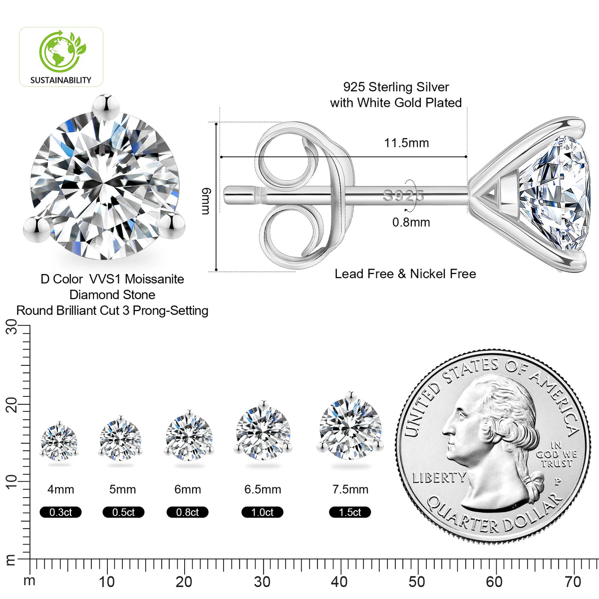 REDheart Women Men Jewelry Yellow 14K 18K White Gold Plated 925 Silver Lab Created Diamond VVS Moissanite Stud Earring with GRA Certified