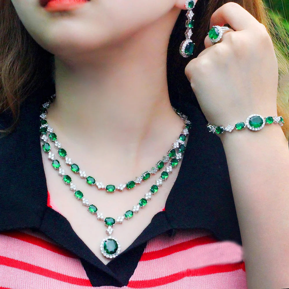 4pcs Luxury African Green Cubic Zirconia Stone Multi Layered Big Necklace Earrings Party Costume Jewelry Set for Wedding Brides
