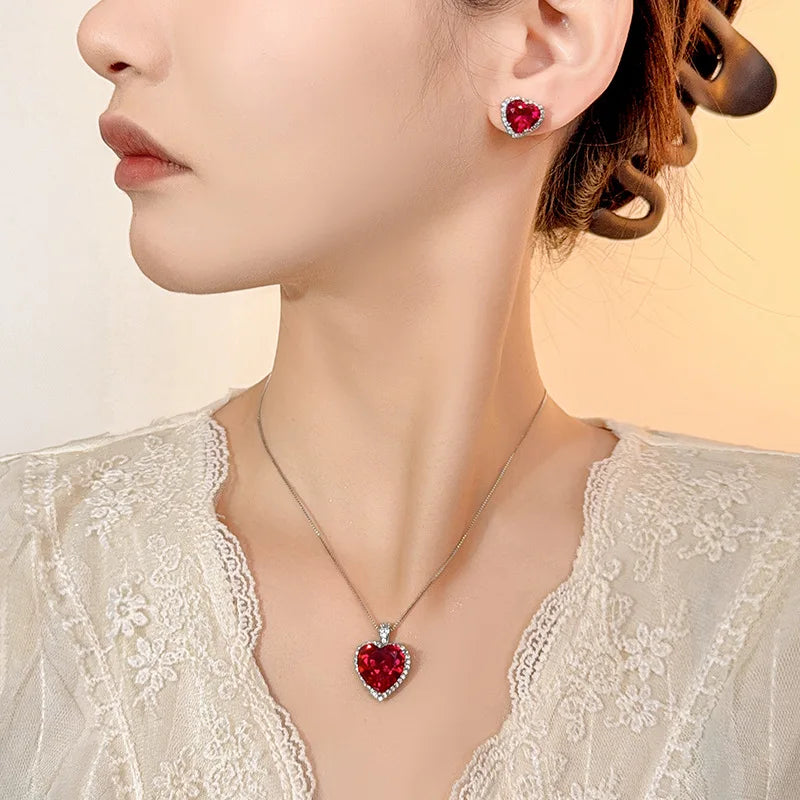REDheart Zircon-Inlaid 18K Gold-Plated Trendy Women's Copper Bottom Simulation Blue Spike Heart Pendant Wedding Jewelry Set