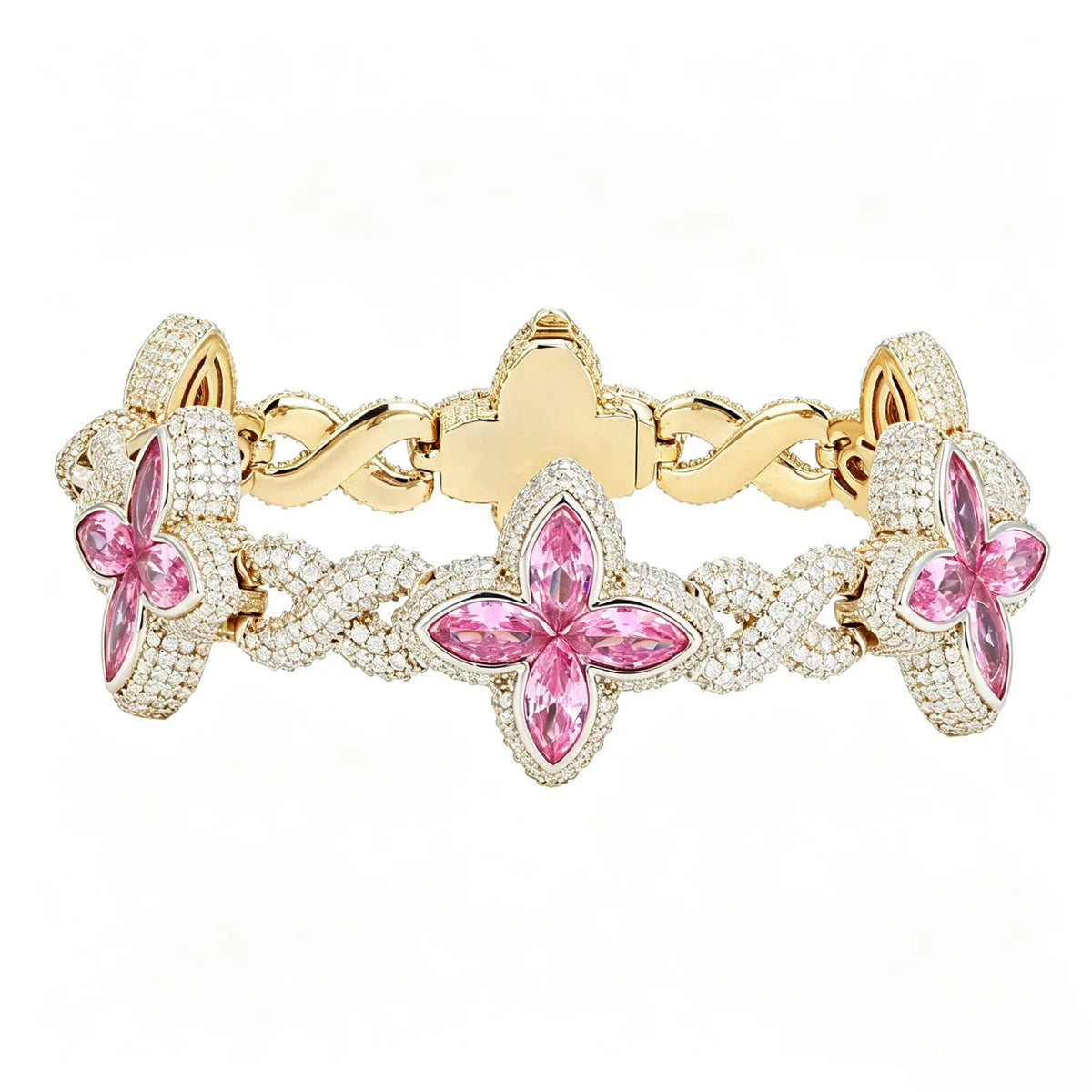 S&S Iced Out Hip Hop Jewelry 21mm Diamond Flower Chain Gold Plated Four Leaf Clover Bracelet CZ Fashion Gift for Anniversary Party
