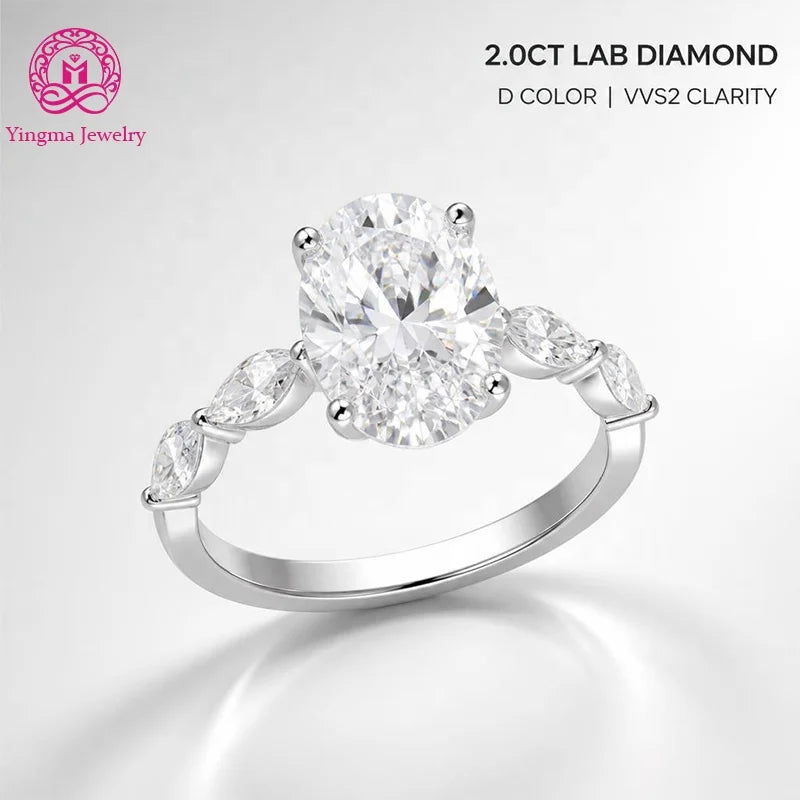 Gioiellieri Refined Oval Cut 2CT D Color VVS2 Lab Grown Diamond Ring 9K 10K 14K 18K Solid Gold PT950 Marquise Side Stones Women Ring