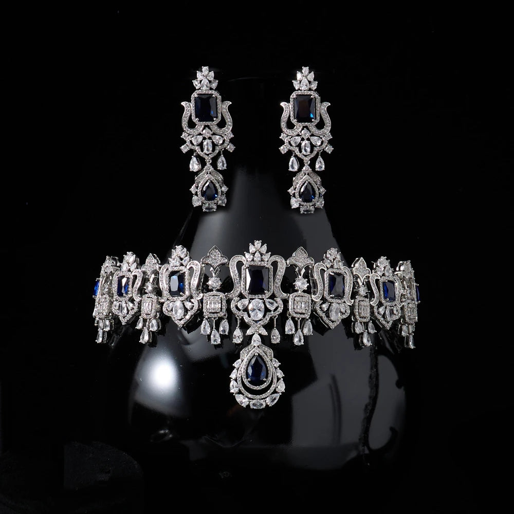 018269 Luxury Color Bridal Choker Necklace with Earrings for Women Cubic Zircon Wedding Jewelry Sets Brides Accessories Indian