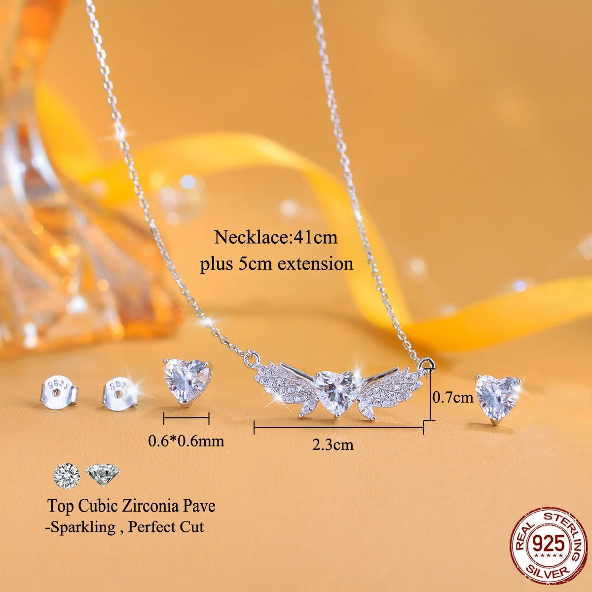 S&S Heart & Feather CZ Pendant & Earrings Set – 925 Sterling Silver – Rhodium Plated – Collection
