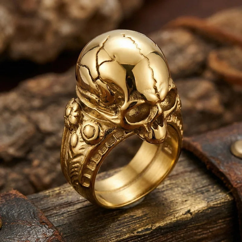Kalen European American Gothic Skull Ring Punk Retro Dark Cracked Skull Stainless Steel Men Ring Jewelry