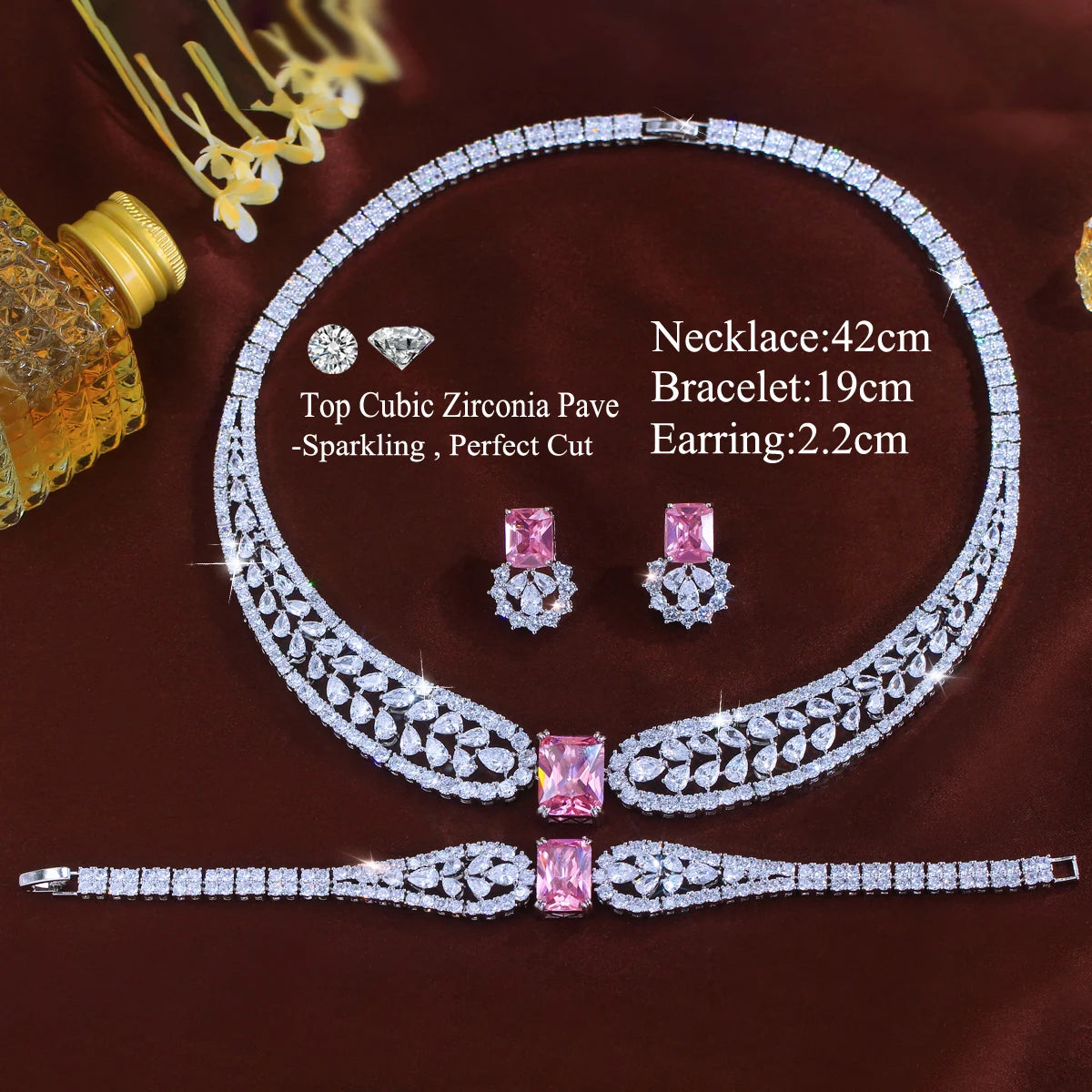 Trendy Water Drop Square CZ Crystal Jewelry Set Pink Cubic Zircon Necklace Earring Bracelet Women Engagement Costume Jewelry Set