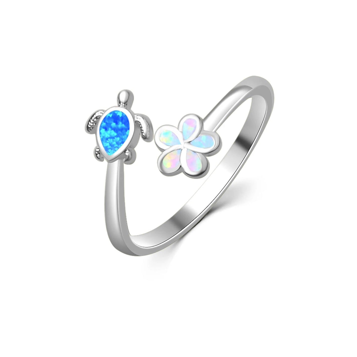 Cute Turtle & Flower Opal Open Ring | Blue/Iridescent Gem Inlay  Band | Nature-Themed Fashion Jewelry for Women