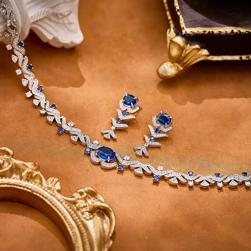 Cornflower Blue Zircon Retro Vine Branch Leaf Necklace Earrings Ring Bracelet 4-piece Brass Set Jewelry Sexy Women's Gift
