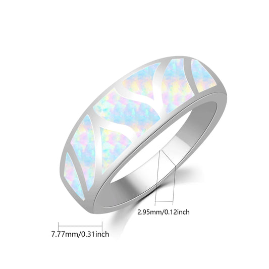 Iridescent Opal Geometric Ring | Sleek Silver Fashion Band