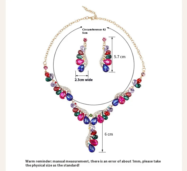 Luxury Multi Color Crystal Drop-Shaped Gemstone Necklace Earrings Jewelry Set for Women