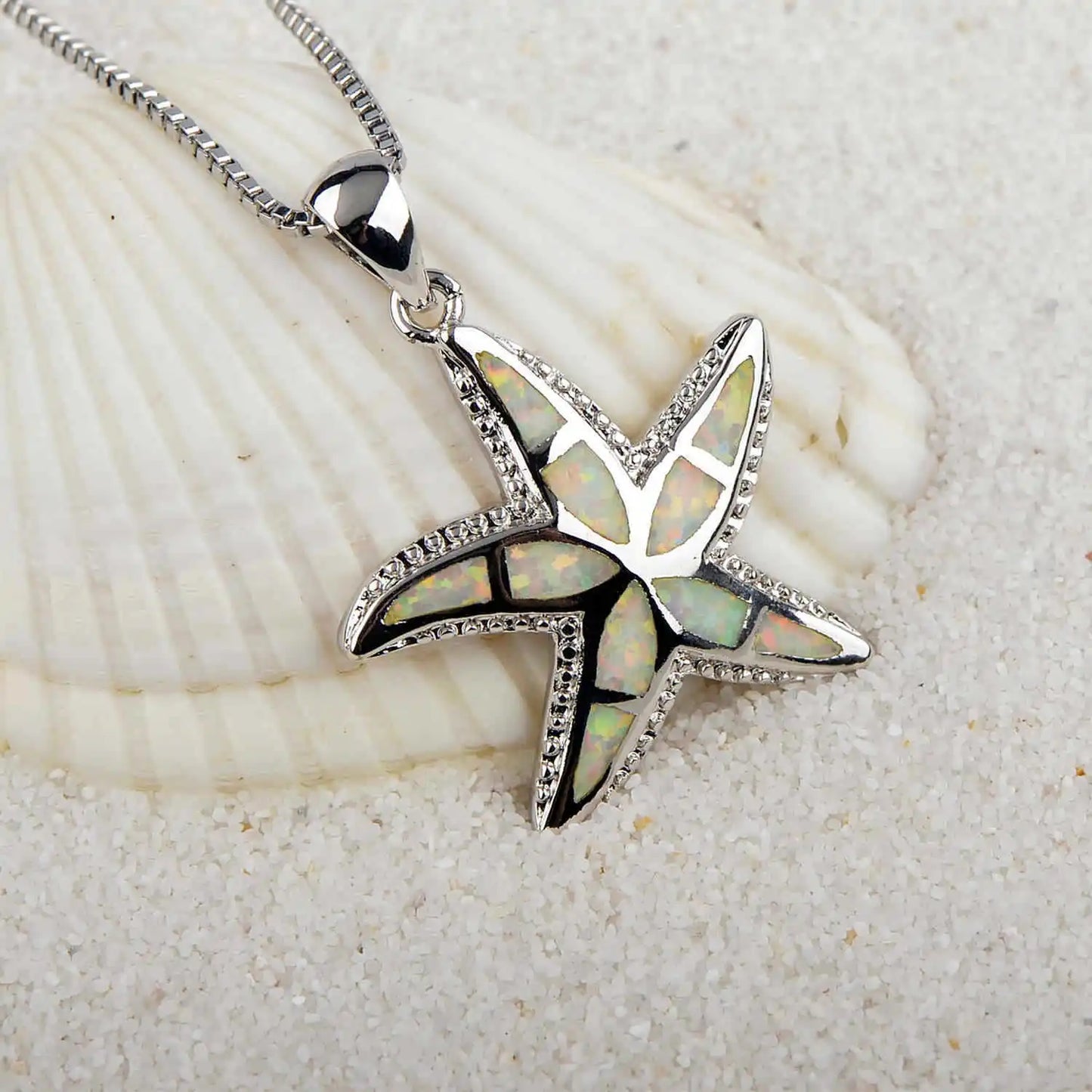 Aobao Fashionable Christian Summer Collarbone Sweater Chain Silver Plated Copper Blue Opal Starfish Necklace