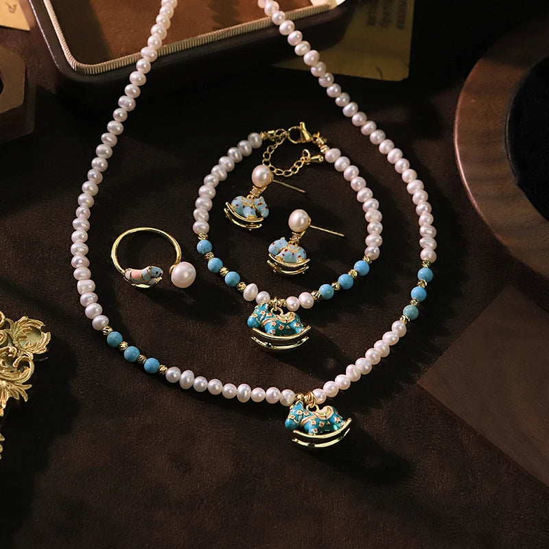 Natural Freshwater Pearl Blue Rocking Horse Jewelry Set for Women Birthday Gift Necklace Bracelet Earrings Ring Dainty Jewelry