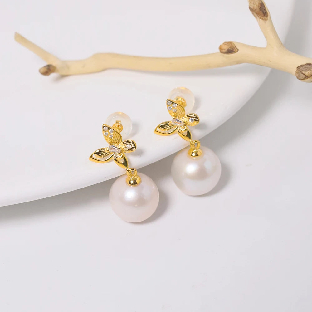 Natural Round Pearl 925 Silver Inlaid with Zircon butterfly Earrings for Women Korean Classic Vintage Fashion Jewelry Earrings