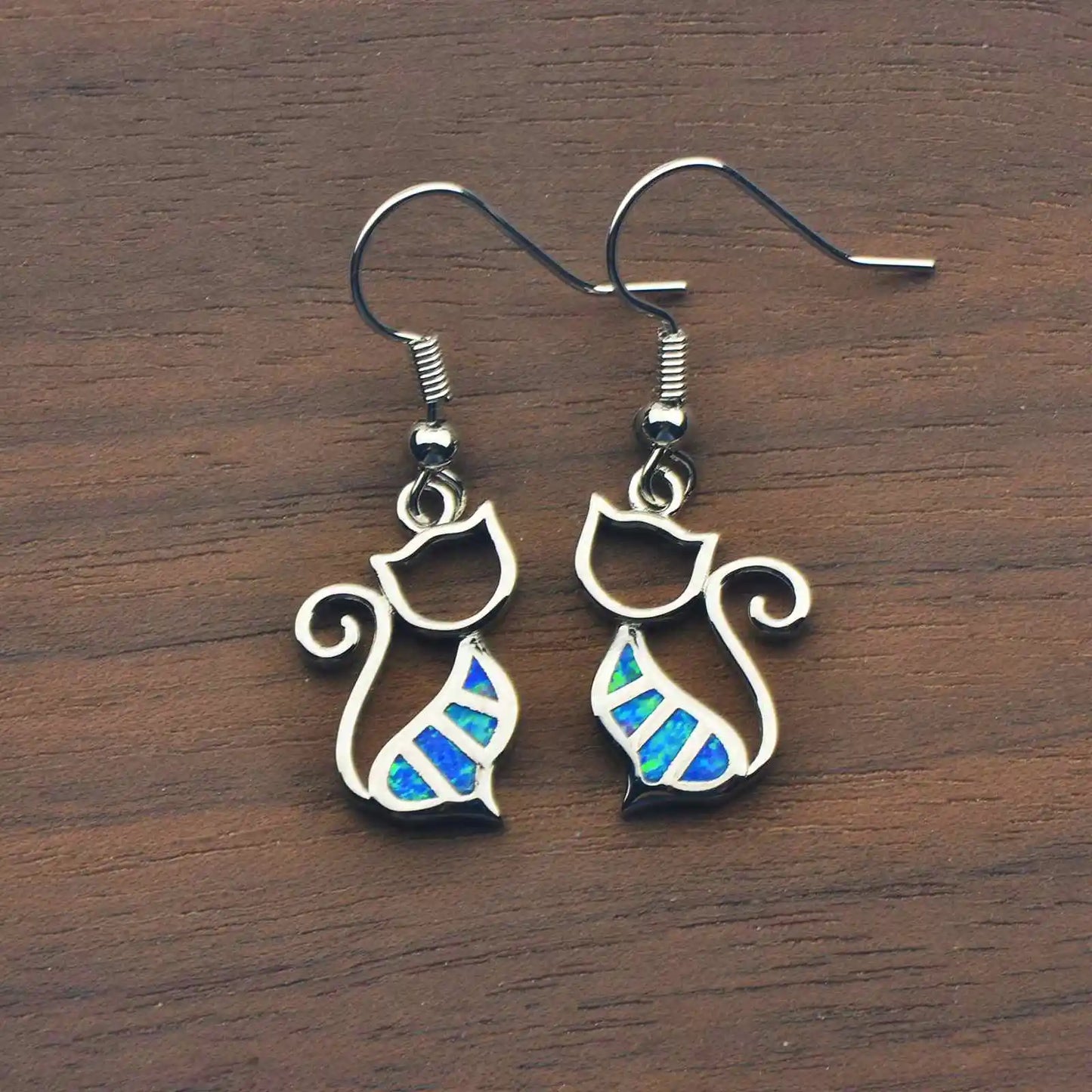 Geometric Opal Cat Earrings - Blue Fire Opal Solitaire & CZ Accent Design | Elegant Formal Jewelry Bulk Gifts