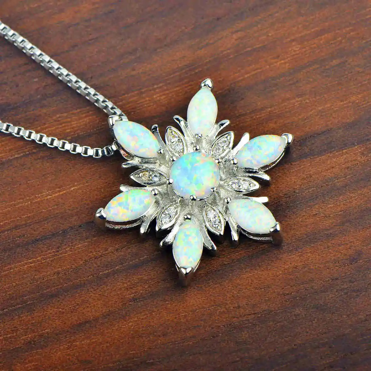 White Fire Opal Lab Created Marquise Stone Pendant Cute Snowflake Design Women's Trendy Silver Copper Box Chain Necklace Wedding