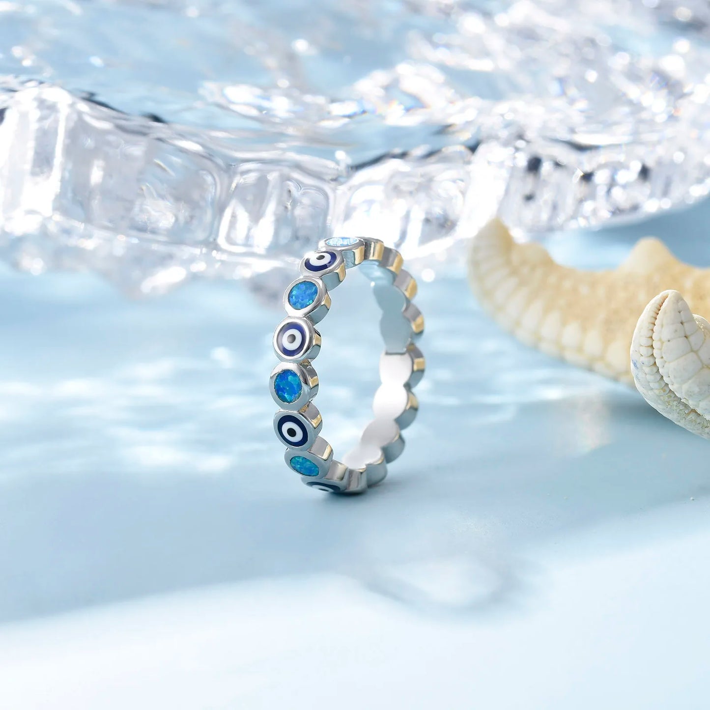 Mystical  Ring | Blue Iridescent Gem & Contrast Pattern Band | Bold Protective Jewelry for Daily & Party Style