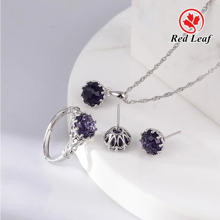 S&S 5A CZ 925 Silver Jewellery Set | Round Cut Stud Earrings & Pendant Necklace | Red, Blue & Purple | S&S Collection