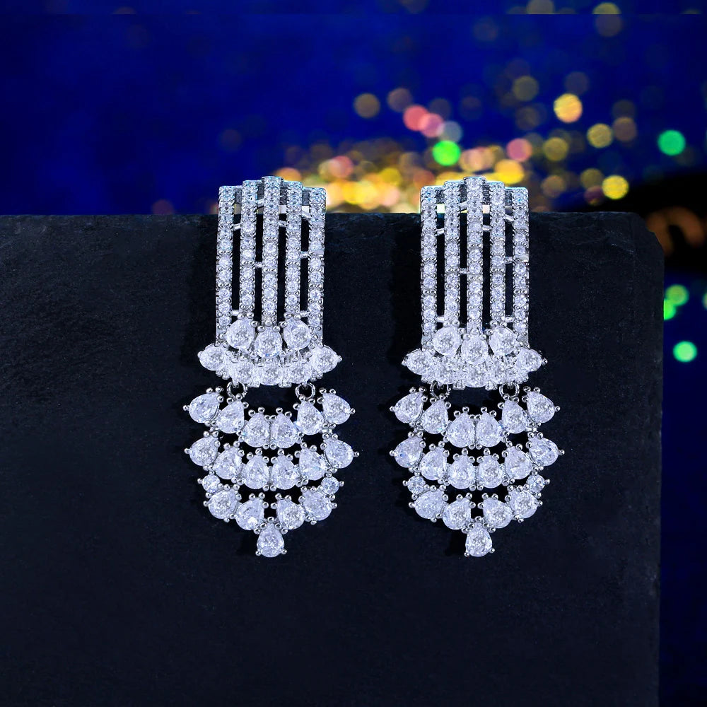 S&S CZ Floral Long Dangle Drop Earrings – AAA Pear Cut – Rhodium Plated – Collection