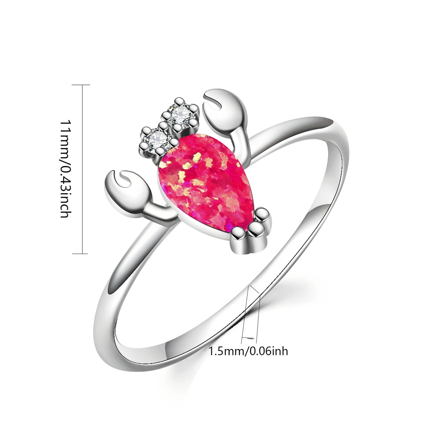 Cute Crab Shape Opal Ring | Red Iridescent Gemstone & Zircon Accent | Animal Jewelry for Women Trendy Daily Wear