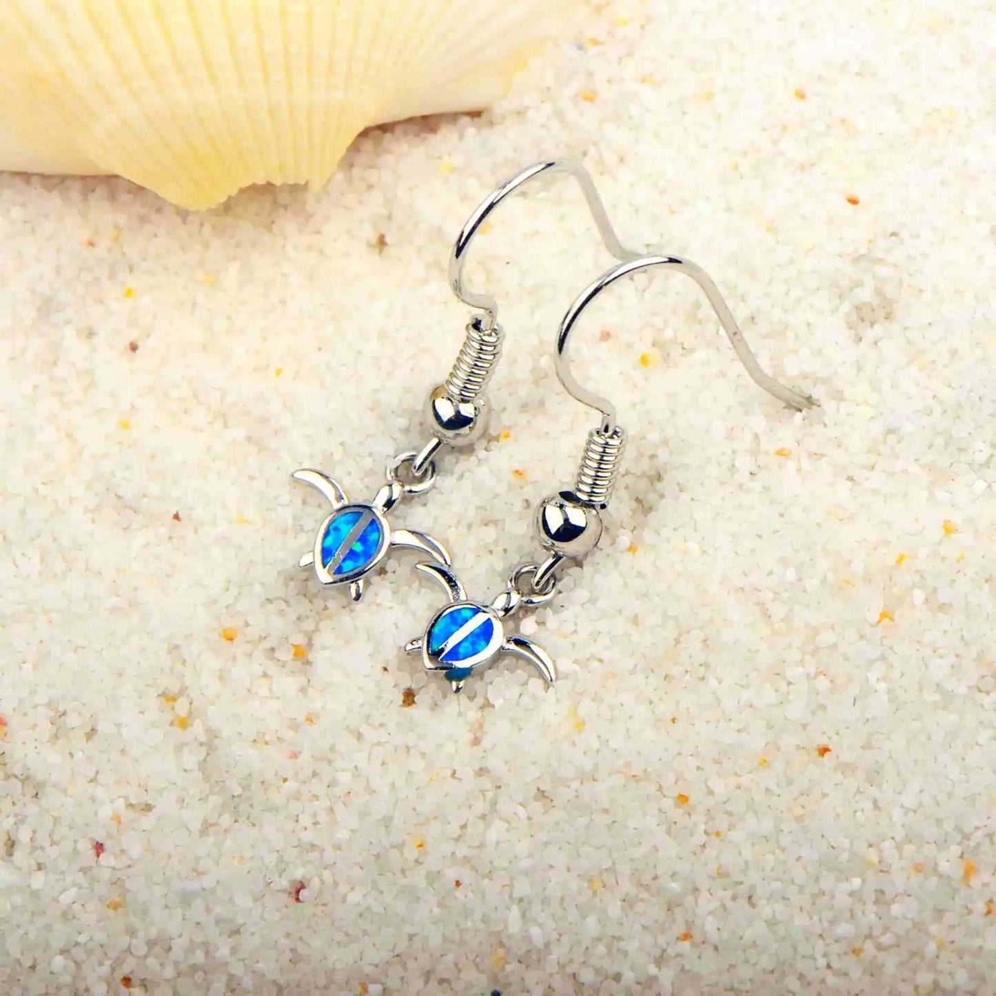Adorable Christian Dainty Silver Plated Hawaiian Sea Turtle Animal Shape Cute Opal Pendant Earrings for Beach Lovers Gift