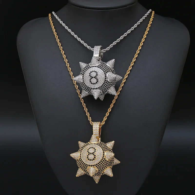 European and American Hot Style Micro-inlaid with Zircon Cartoon Black 8 Meteor Hammer Pendant Trendy Hip-hop Necklace