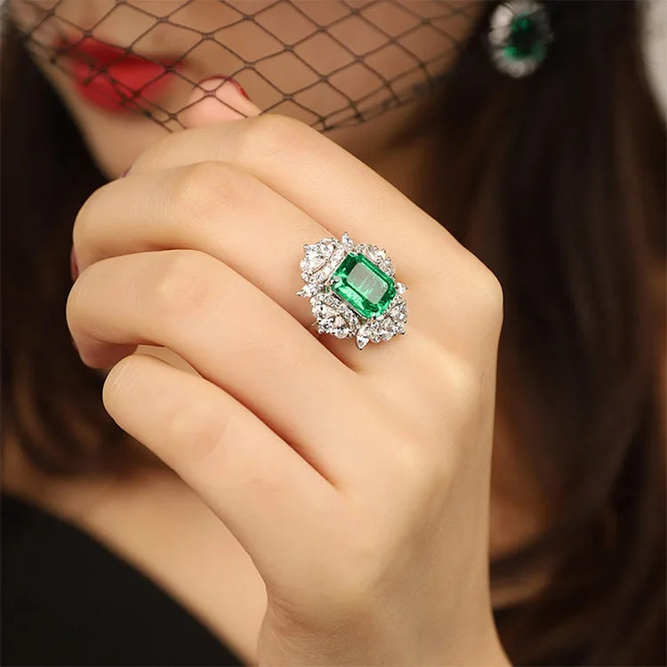 Gemfiori Vintage Jewelry Ring Lab Grown Emerald Rings Solid Gold 14K 18K Statement Rings Charm Christmas Gift Diamonds