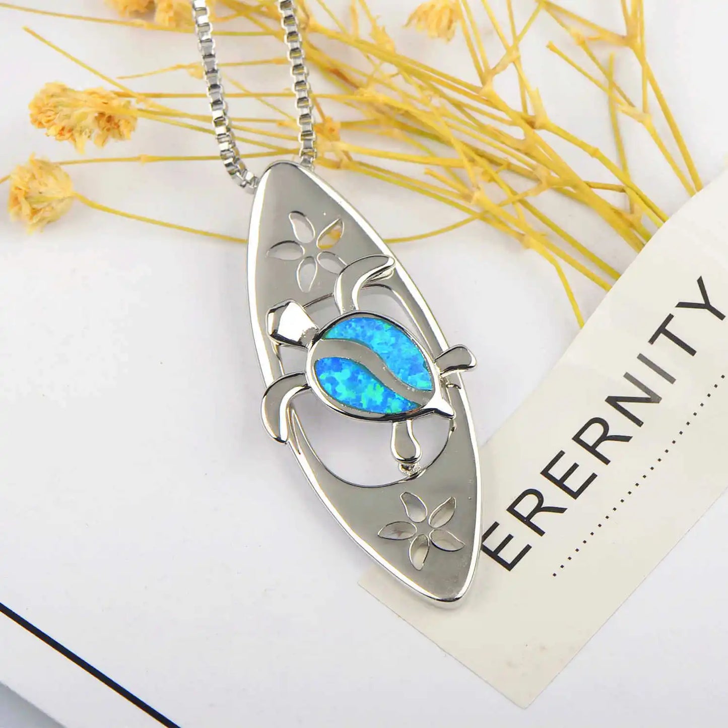 European American Fashion Blue Opal Necklace Surfboard Turtle Pendant Women's Trendy Jewelry Wholesale