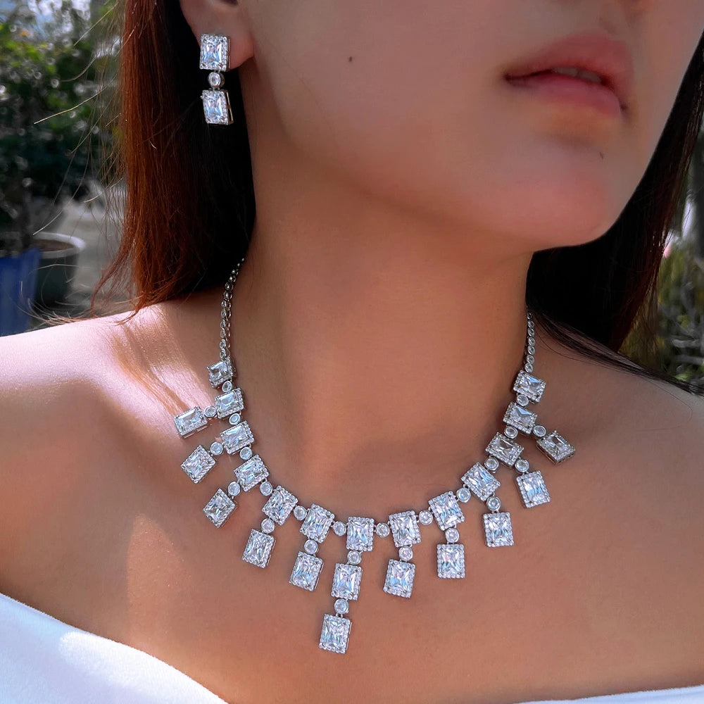 High Quality Luxury Necklace and Earrings Brass Square Cubic Zirconia White Tassel Jewelry Set for Women Wedding Bridal Jewelry
