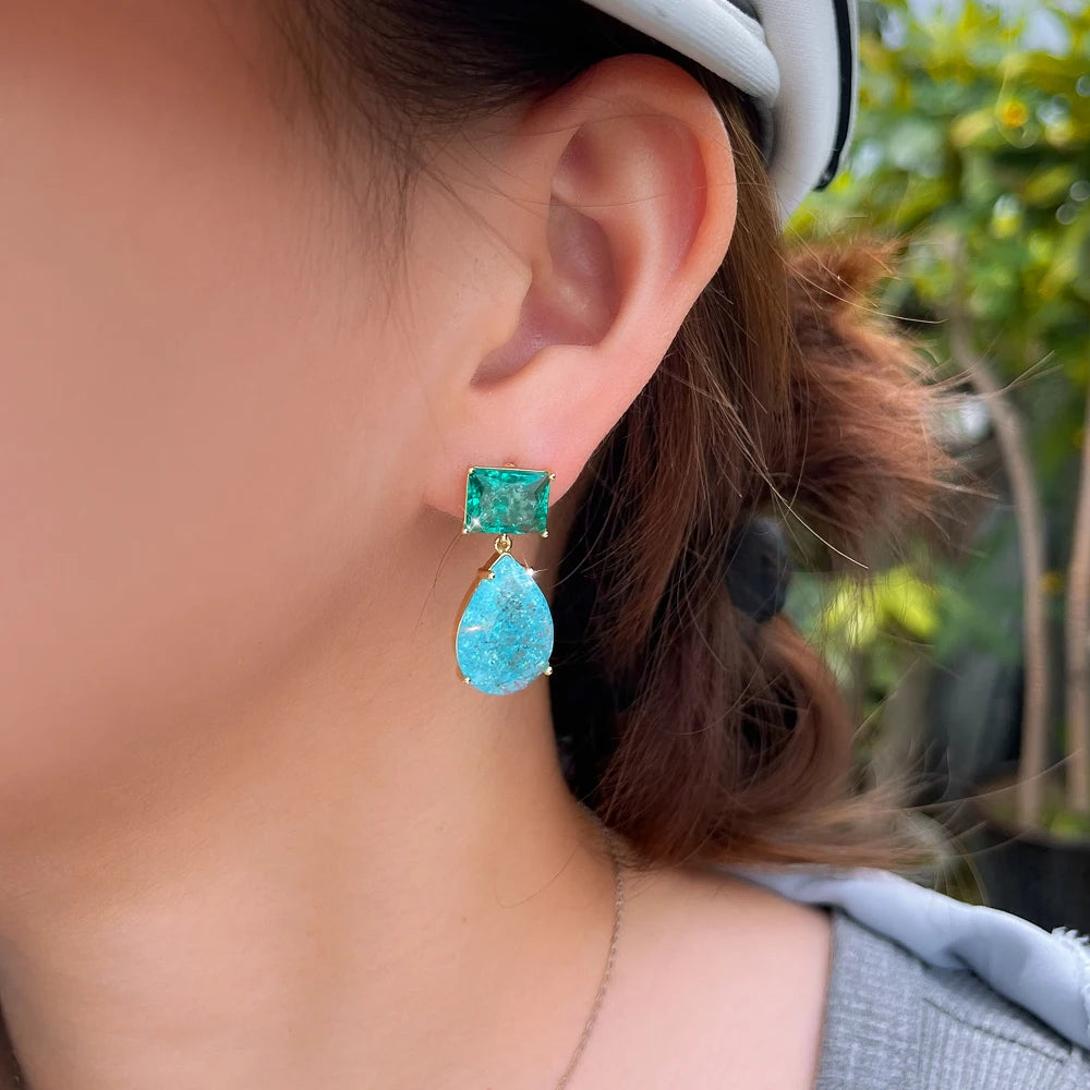 S&S Blue Ice Crack Water Drop CZ Dangle Earrings – Gold Plated – Collection