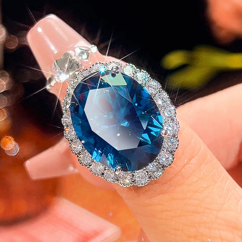 Gemfiori New European and American Luxury Set with Inlaid Blue Zircon Ring Earring Pendant High-end and Exquisite Three Piece Jewelry Set