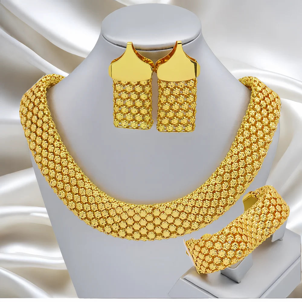 Luxury Golden Bridal Jewelry Set Ethnic Style Necklace Earrings Ring Bracelet for Weddings Eid Middle Eastern Accessories Gifts