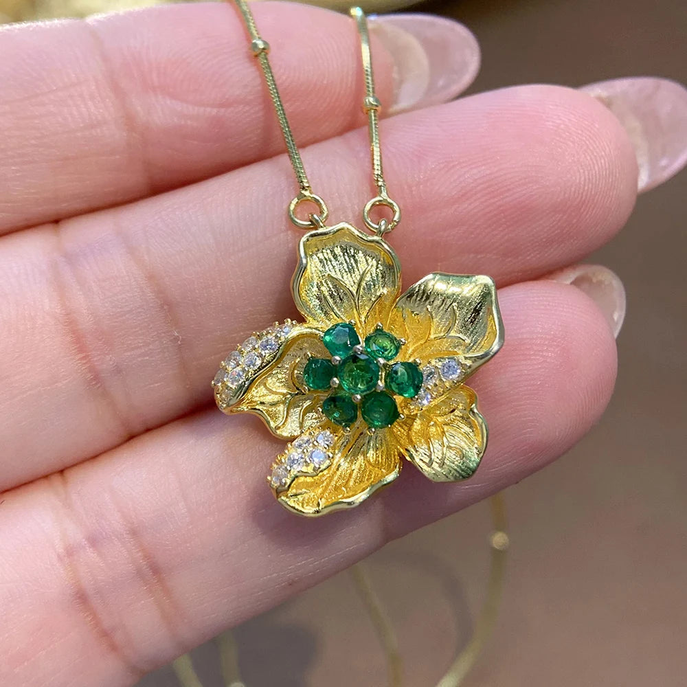 Gioiellieri Vintage 925 Sterling Silver Oval Cut Emerald Pendant Necklace Gold Plated Classic Style Party & Wedding Jewelry