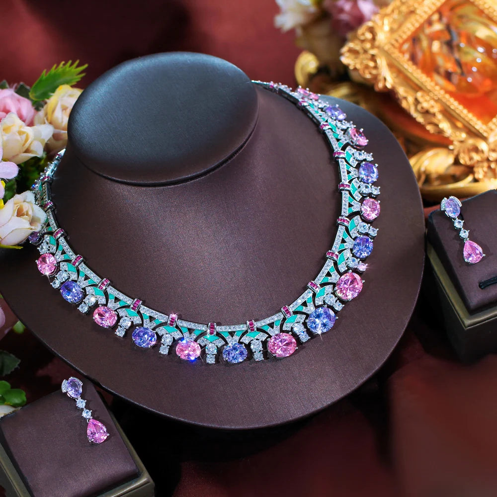 Graceful Pink and Purple Oval Cut Shape Cubuic Zirconia Green Enamel Statement Jewelry Set for Women Evening Prom Jewelry Gift