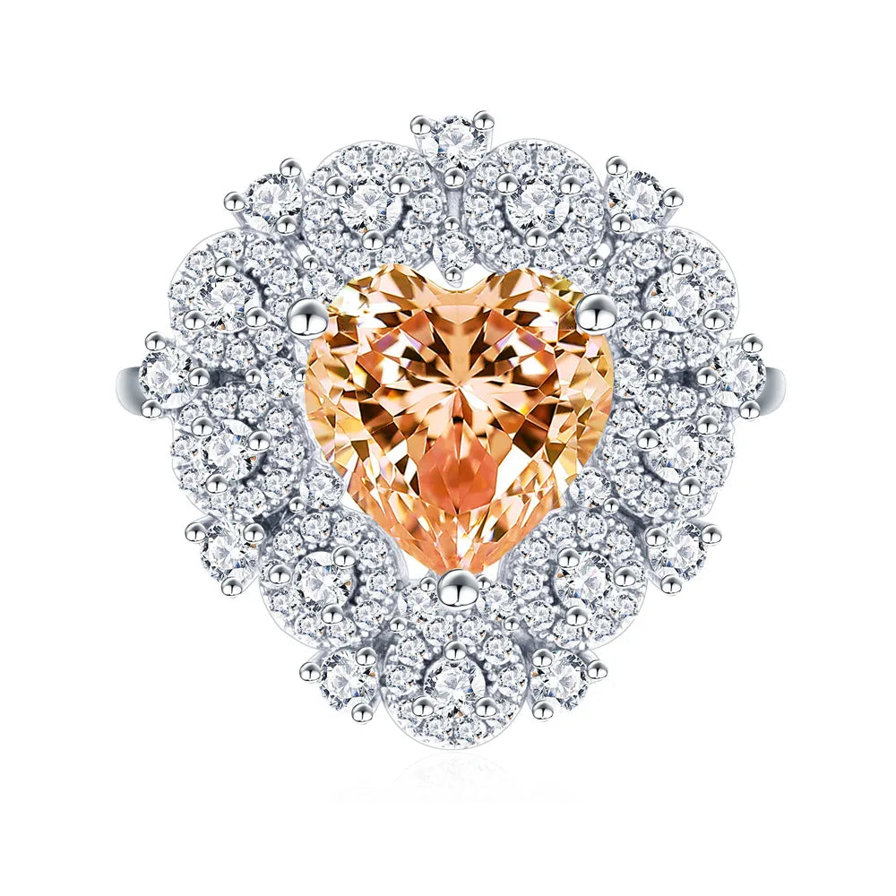MuShan Women's Luxury Champagne Diamond Heart Shaped High Carbon Wedding Ring S925 Pure Silver Platinum Plated CMA Party