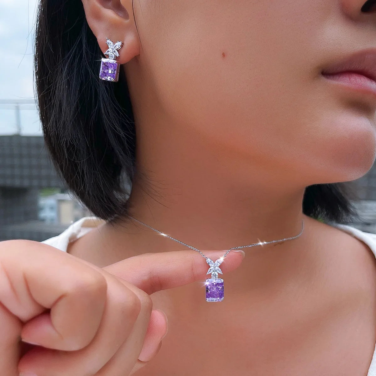 S&S 925 Silver Purple CZ Iced Out Necklace & Earrings Set – Radiant Cut – Rhodium Plated – Collection