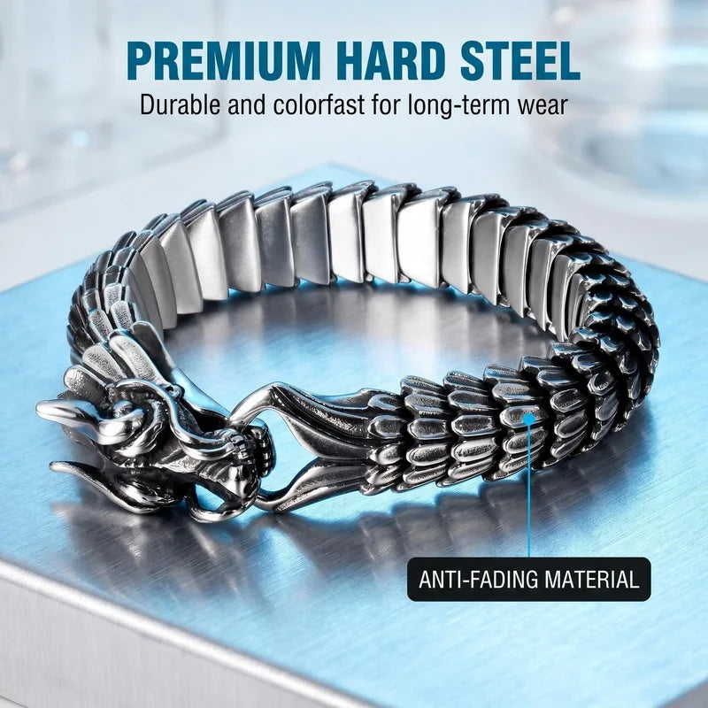 REBEL Custom Black Titanium Stainless Steel Dragon Bracelet Animal Zodiac Sign