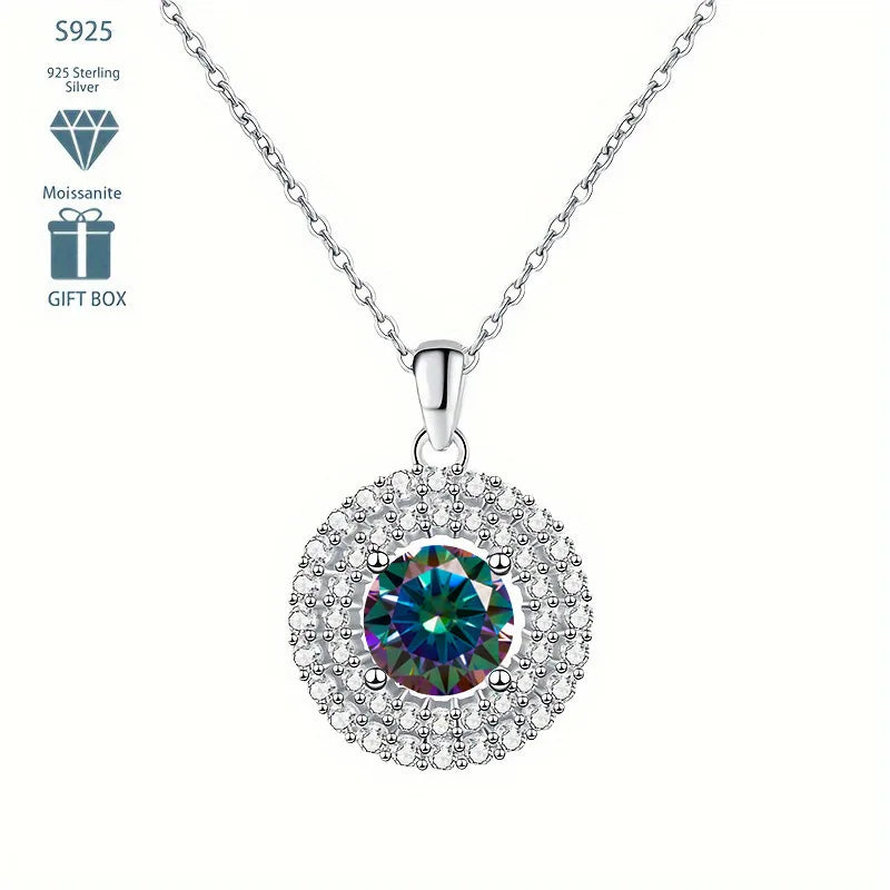 Dainty Double Halo Set Round Cut 1ct VVS GRA Colored Moissanite Jewelry Trendy 925 Sterling Silver Disc Pendant Necklace