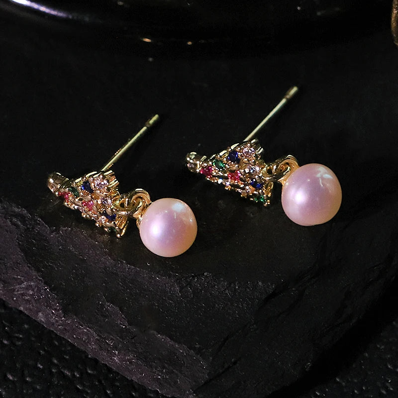 Natural Freshwater Pearl Zircon Christmas Tree Earrings Pendant Fashion Design Earrings Christmas Women's Jewelry GE1783