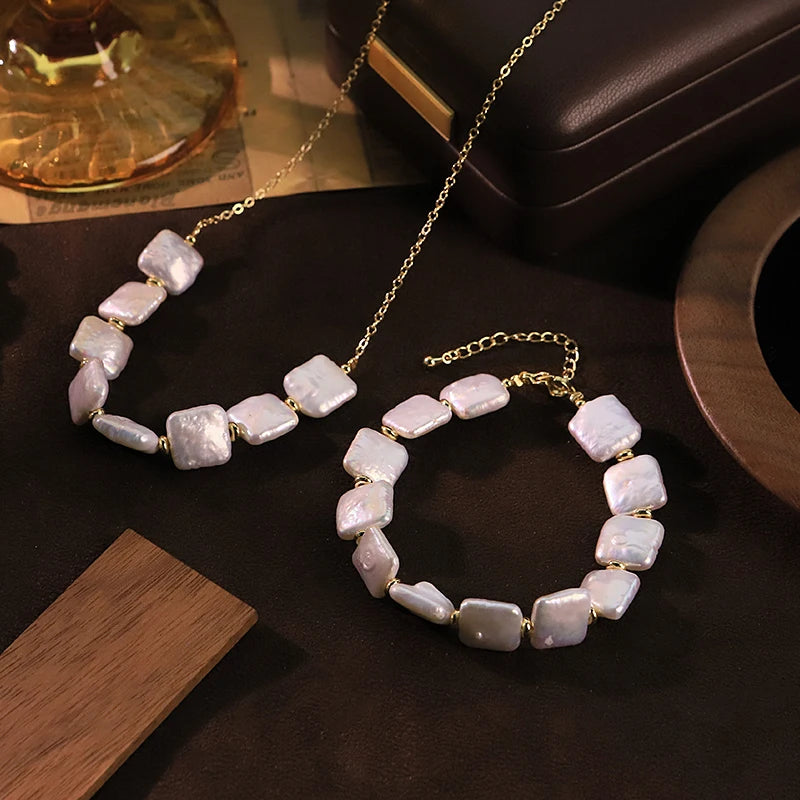 GLSEEVO Natural Freshwater Square Baroque Pearl Jewelry Set | Necklace & Bracelet | GS0237 | STYLISTA Collection