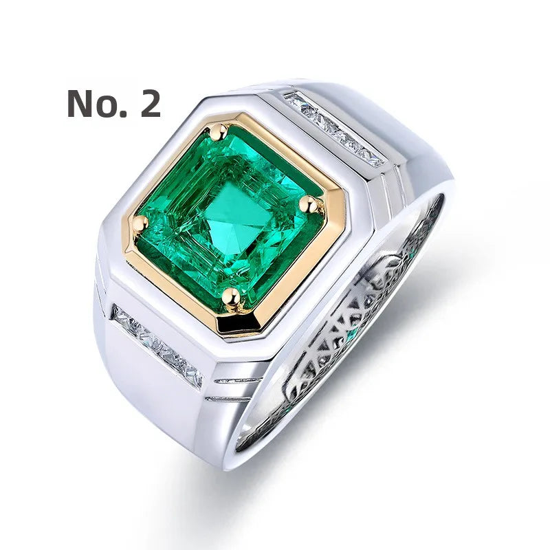 Minimalist Commuter S925 Silver Created Emerald Geometric Shape Ring for Men Women Unisex Set Precious Stones