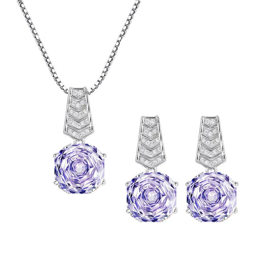 New Arrivals Sparkling High Carbon Rose CZ Flower Cut Cubic Zirconia Necklace and Earrings Purple Jewelry Set for Women