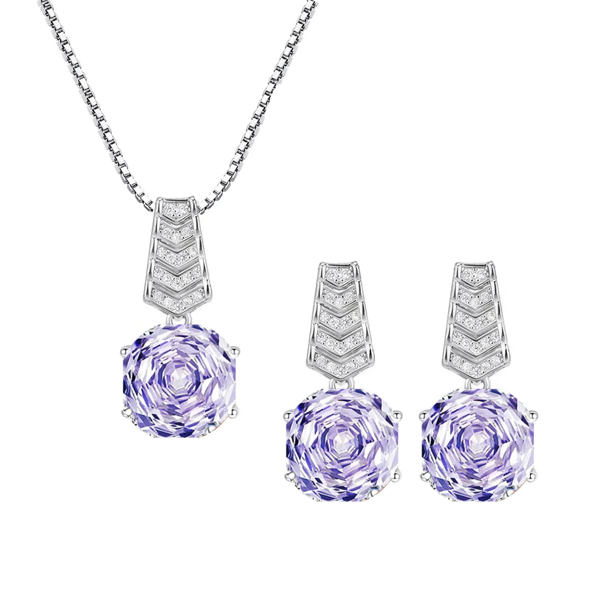 New Arrivals Sparkling High Carbon Rose CZ Flower Cut Cubic Zirconia Necklace and Earrings Purple Jewelry Set for Women