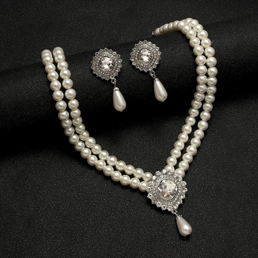Pearl Flower Multi-Layer Pendant Necklace & Earrings Set | Elegant Silver Occasion Jewellery