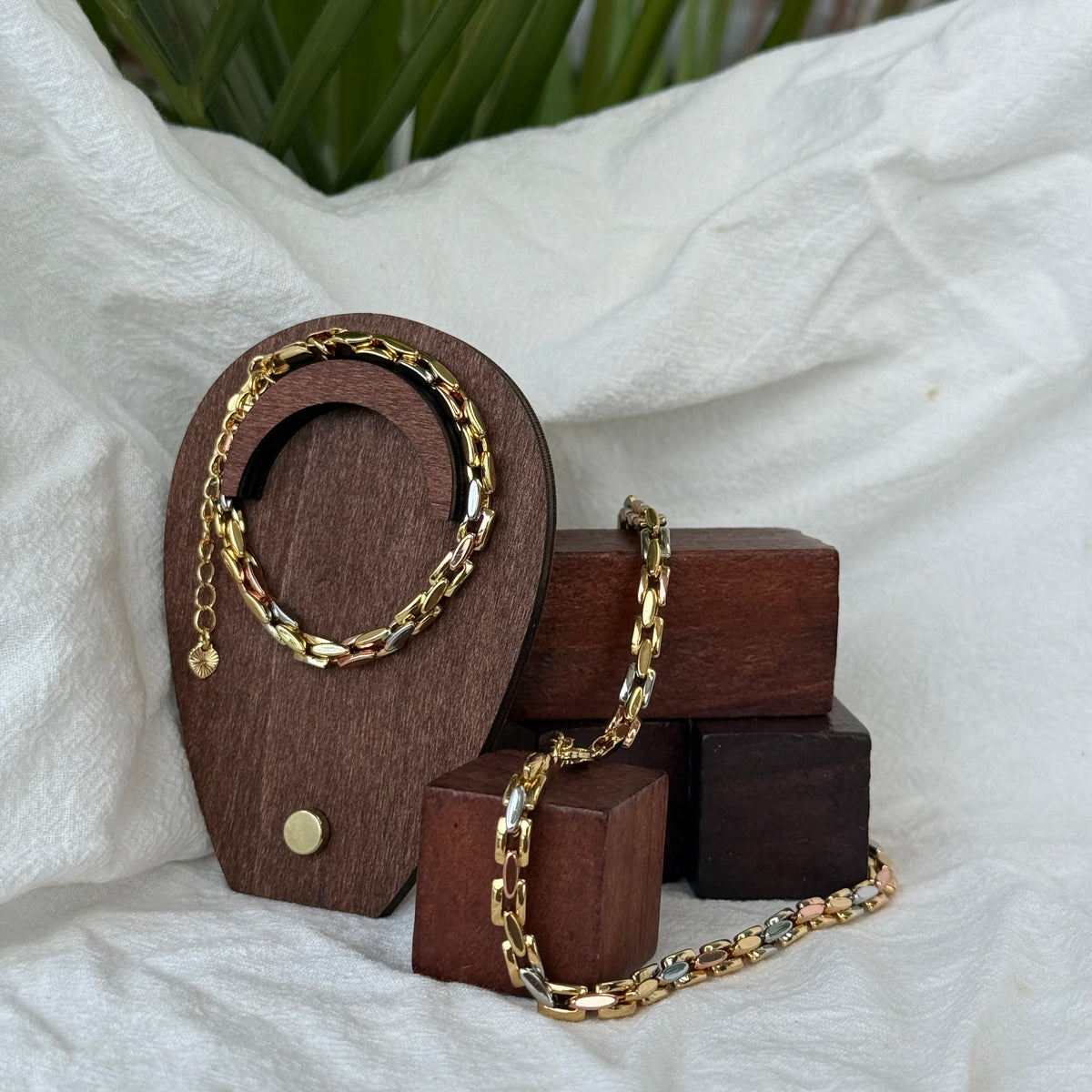 Women 45CM Tricolor Jewelry Set Women Geometric Flat Wheat Chain Luxury Design Gold Plated Fashion Jewelry Necklace Bracelet Set
