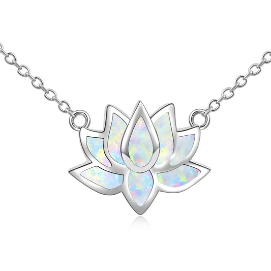 Aobao Christian Copper Opal Flower Lotus Necklace with Sweater Chain Link Chain Silver Plated Minimalist Style Gift