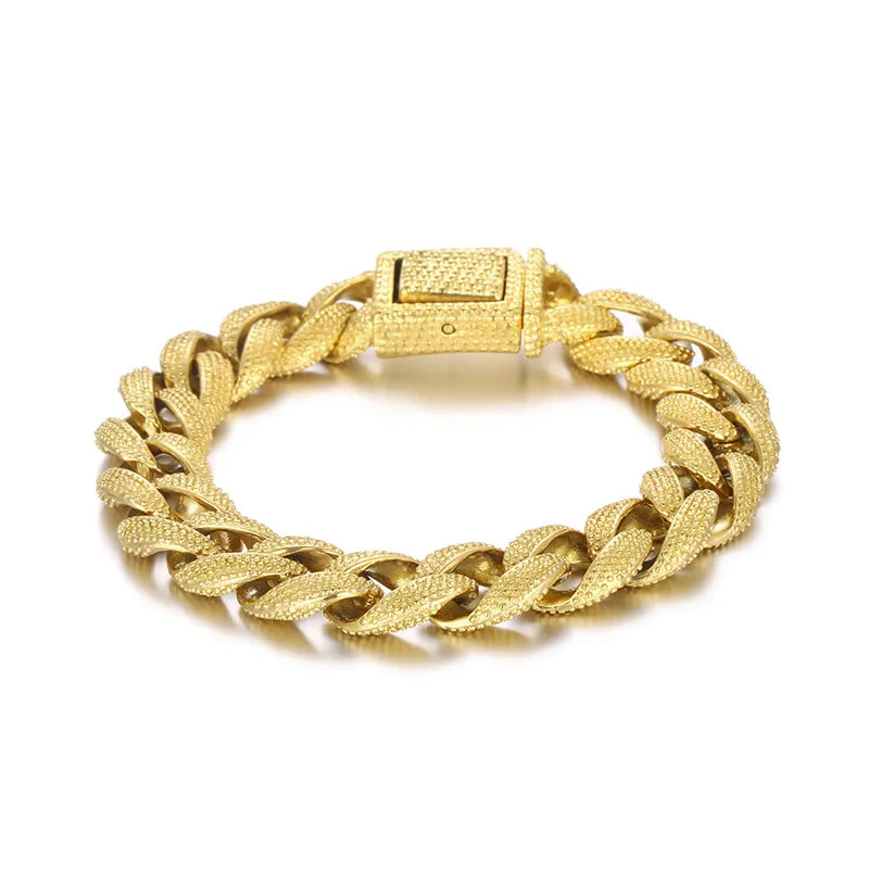 KALEN Men Retro 220mm Stainless Steel Grainy Surface Cuban Links Bracelet