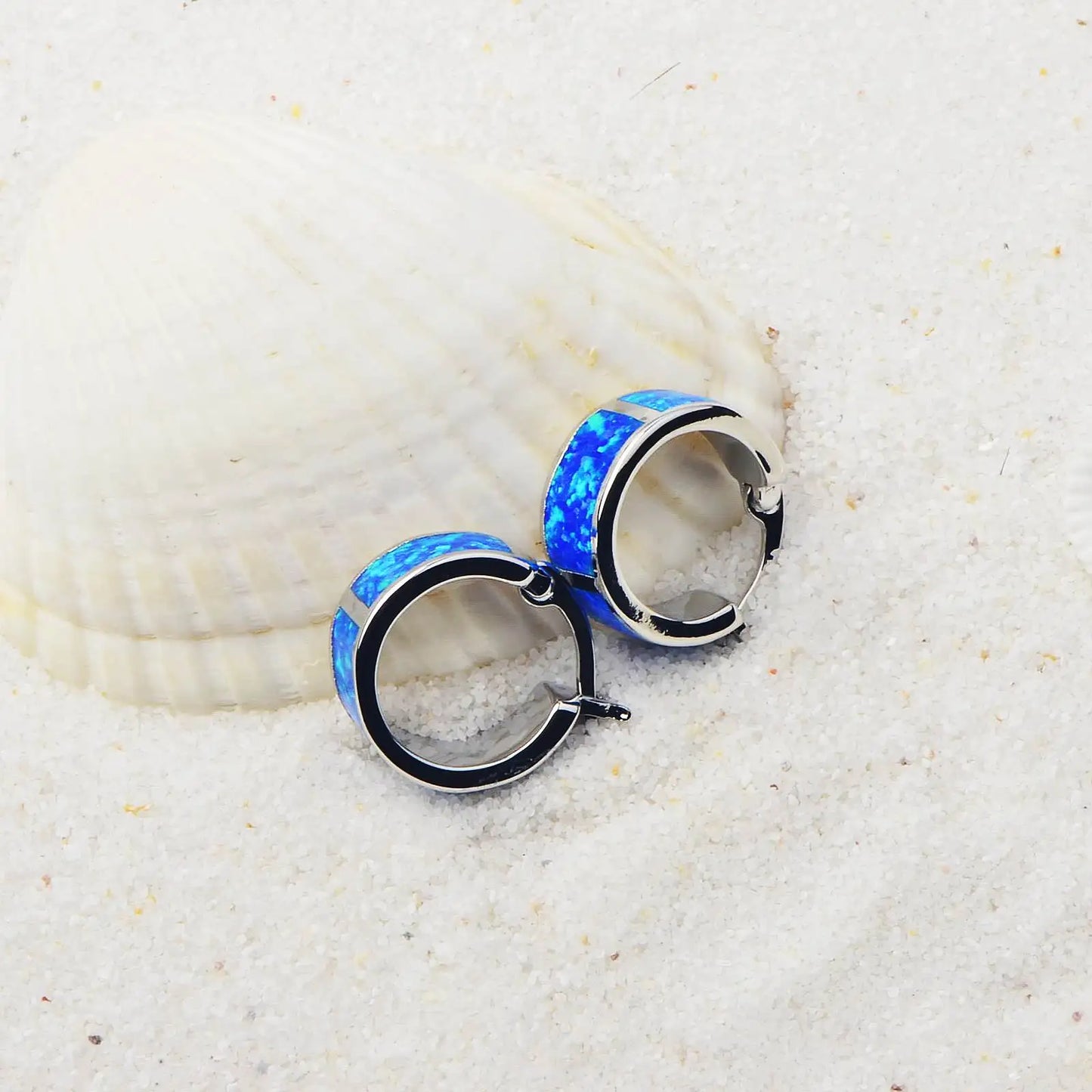 Sleek Curved Opal Huggie Earrings - Blue Fire Opal Inlaid Arc Design | Minimalist Daily Jewelry Bulk Gifts