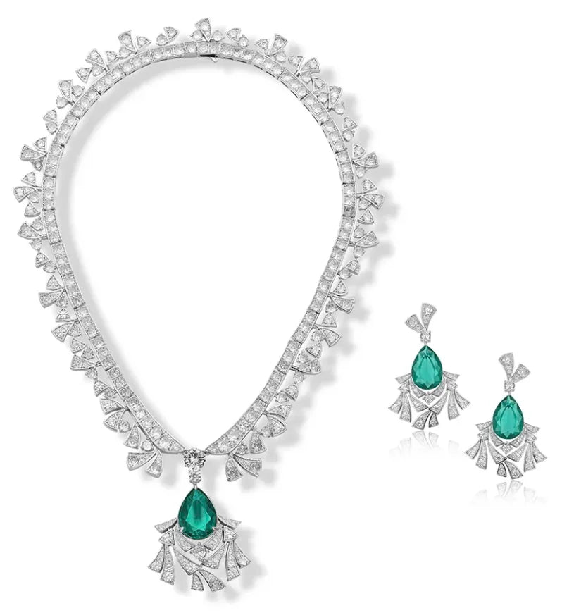 High Quality Jewelry Plated with Brass Green Gemstone Necklace Earrings  Exaggerated Fashion Set  Women's Pendant Necklace